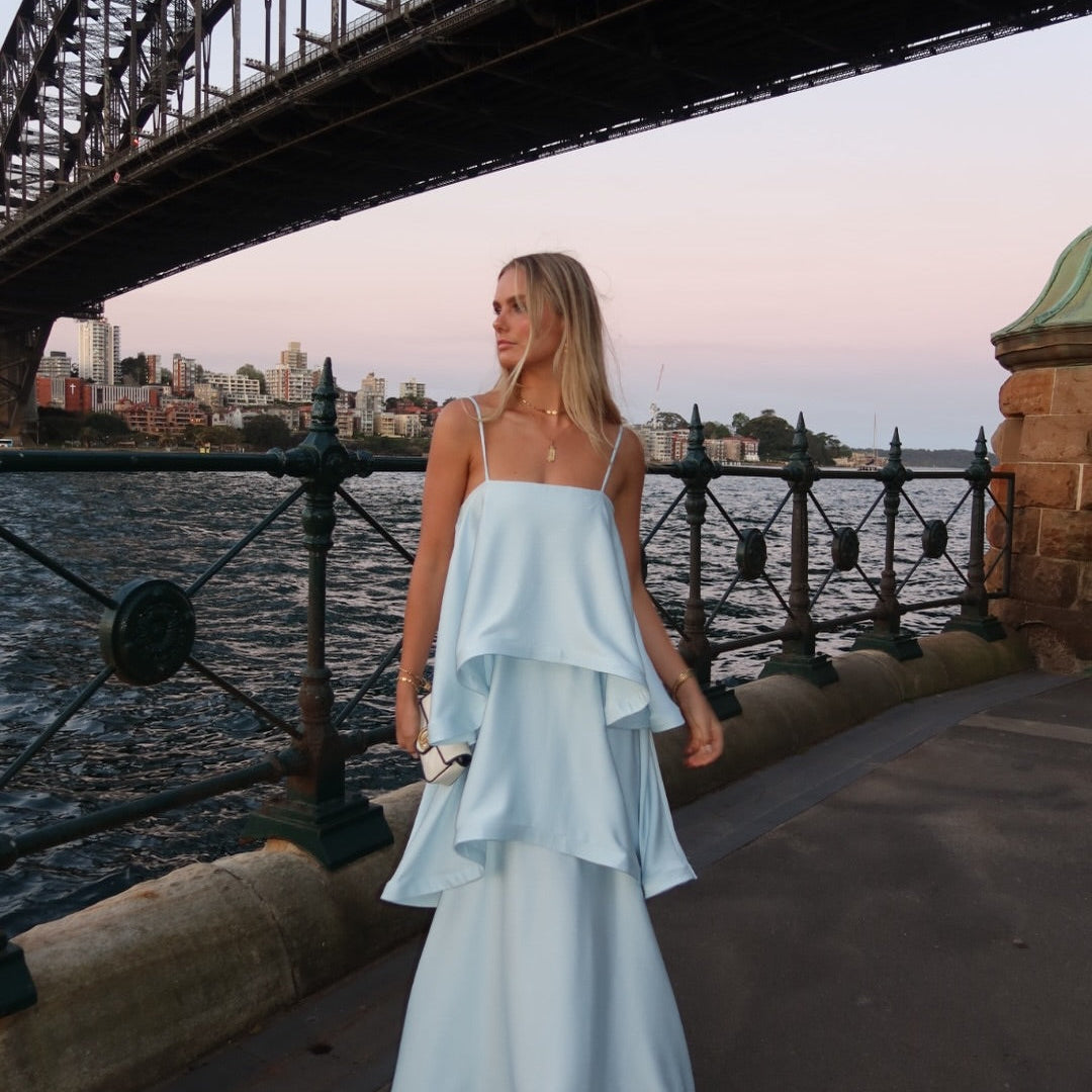 Margot Tiered Ruffle Satin Maxi Dress