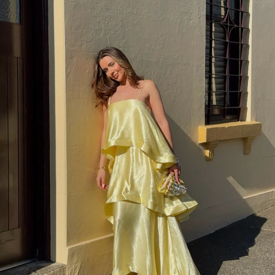 Margot Tiered Ruffle Satin Maxi Dress