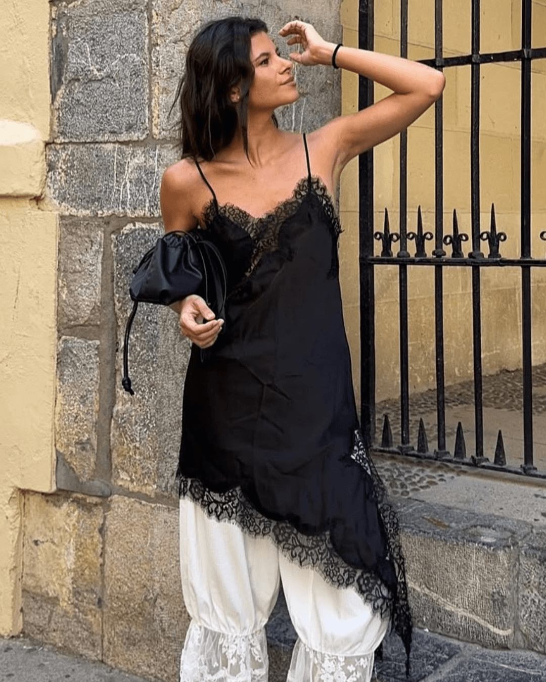 Soera Arah Asymmetric Satin Lace Midi Dress