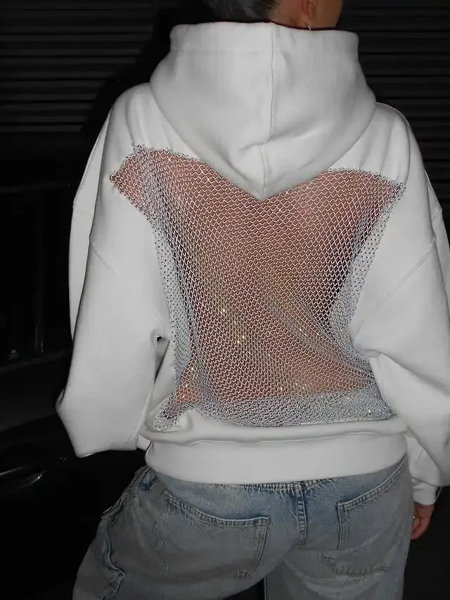 Women's Rhinestone Mesh Open Back Hoodie - Trendy Casual Sweatshirt 8