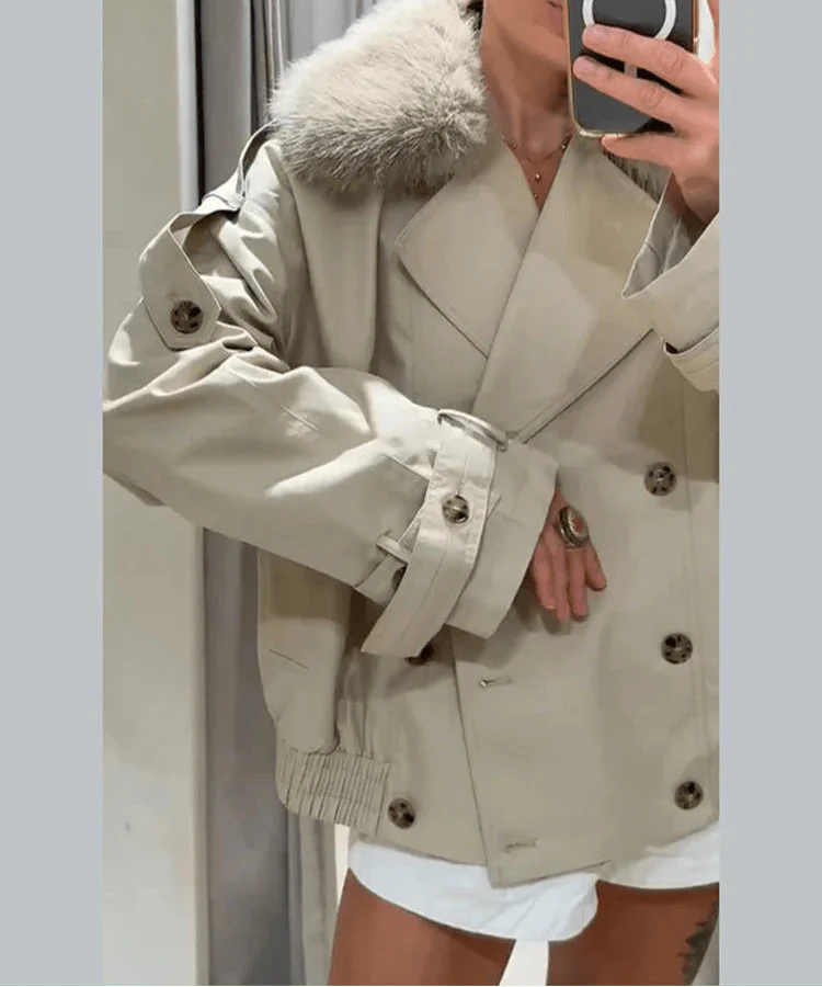 SEAME - Camille Trench Coat with removable Faux Fur Collar Creme XS