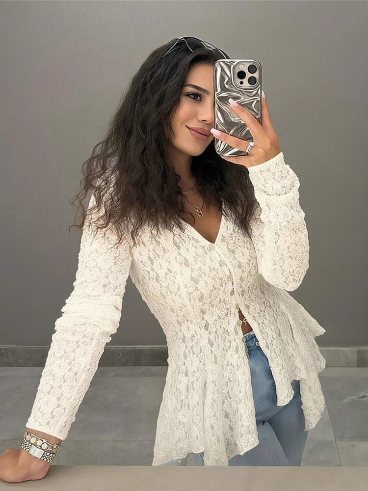 SOERA Jenna Shark Hem Sheer Jacquard Cardigan - Cardigans - 1005009613196786-;VN1775670871871622384 Beige M