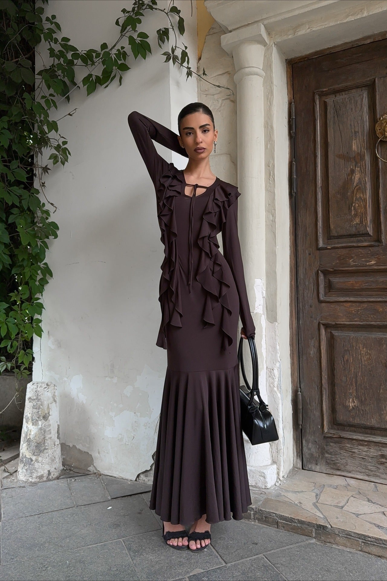 SOERA Arielle Ruffled Long - Sleeve Maxi Dress - Dress - Brown S