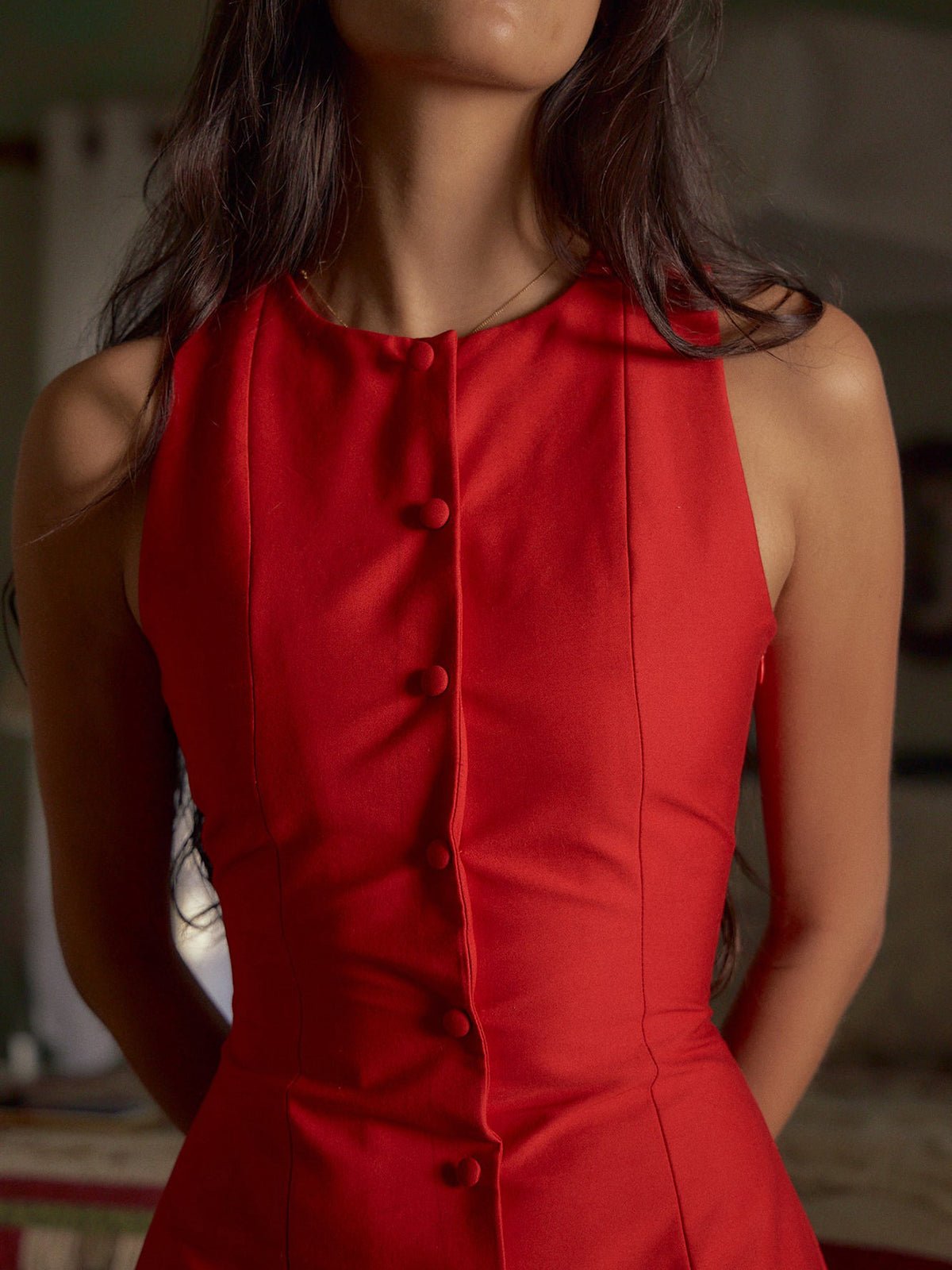 SOERA Celeste Button - Front Sleeveless Mini Dress - Dress - Red S
