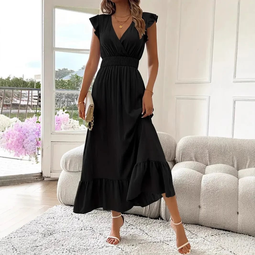 SOERA Livia Black V - Neck Ruffle Swing Dress - Dress - Black S
