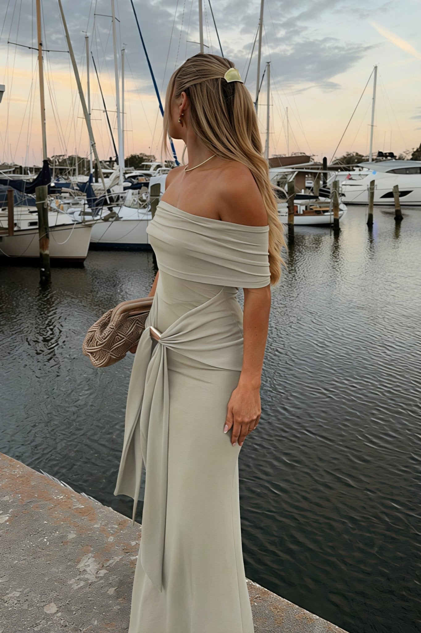 SOERA Sophia Off - Shoulder Tie Strap Bodycon Maxi Dress - Dress - M
