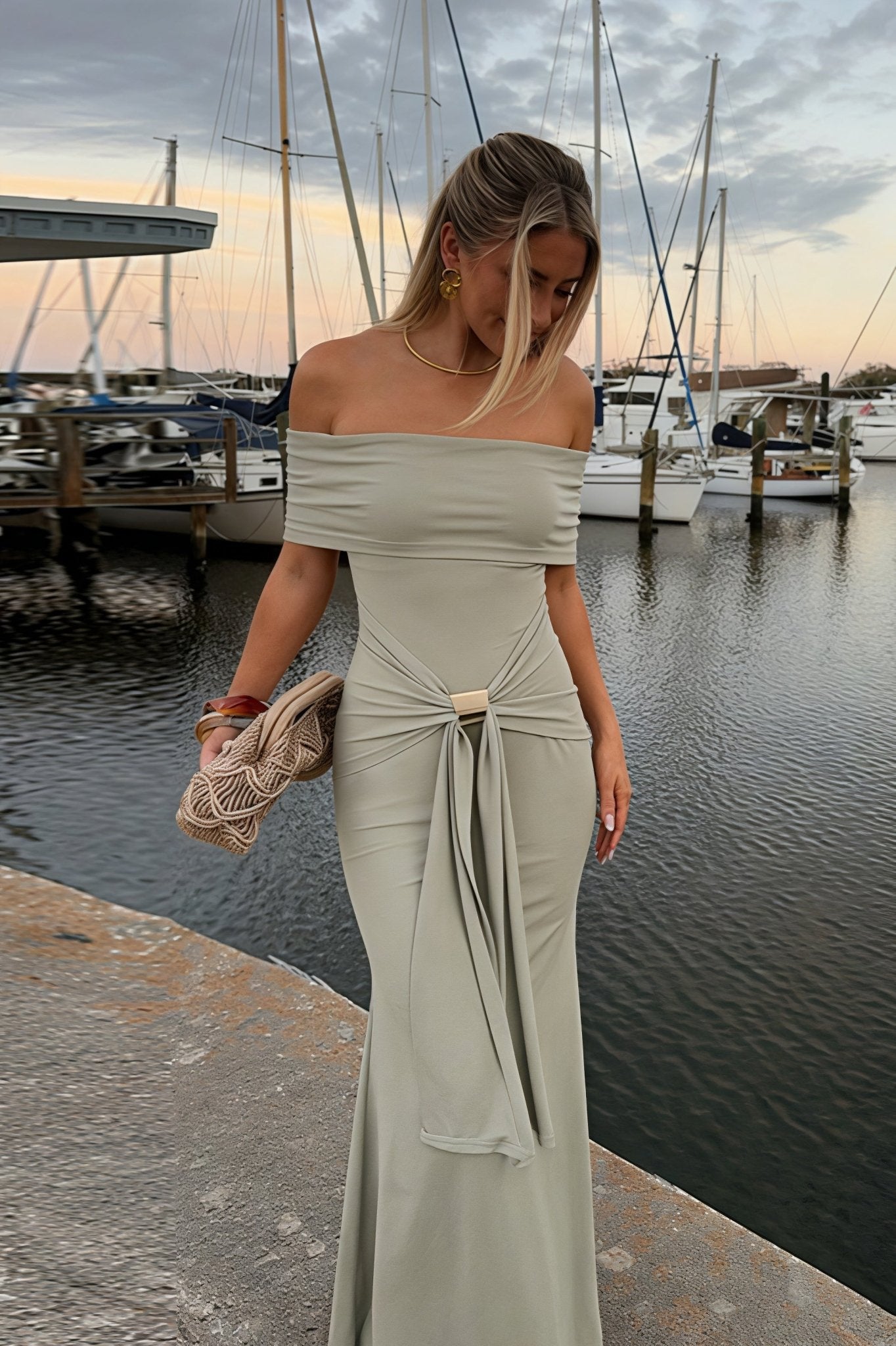 SOERA Sophia Off - Shoulder Tie Strap Bodycon Maxi Dress - Dress - XS