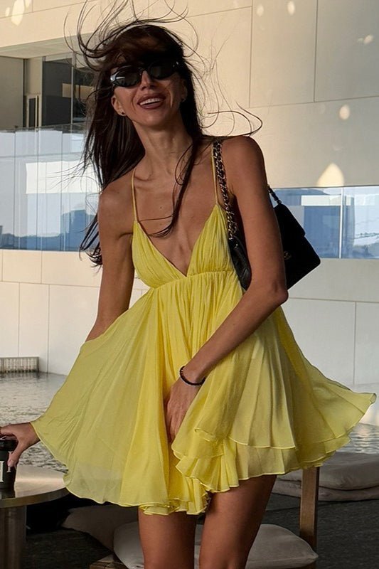 SOERA Abigail V Neck Layered Mini Dress - Dresses - Yellow M