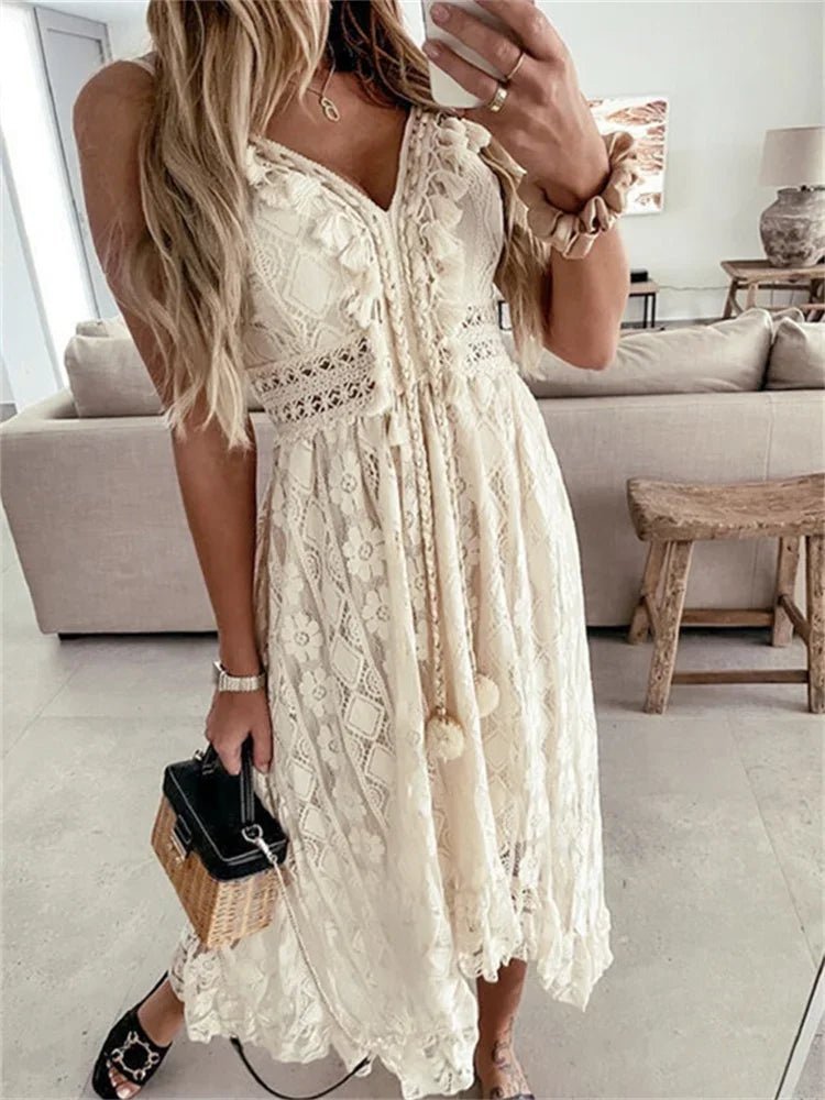 SOERA Esra Sleeveless Lace V-Neck Maxi Dress - Dresses - Ivory S