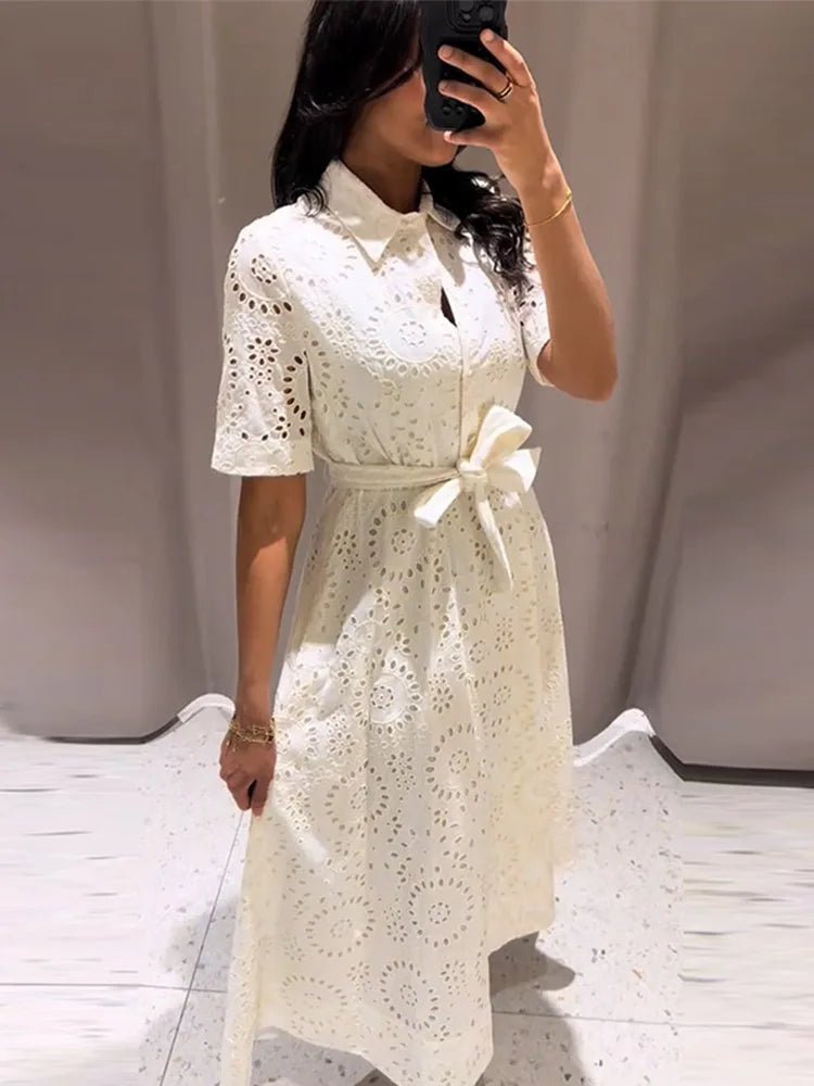 SOERA Merida Embroidered Belted Midi Dress - Dresses - White XS