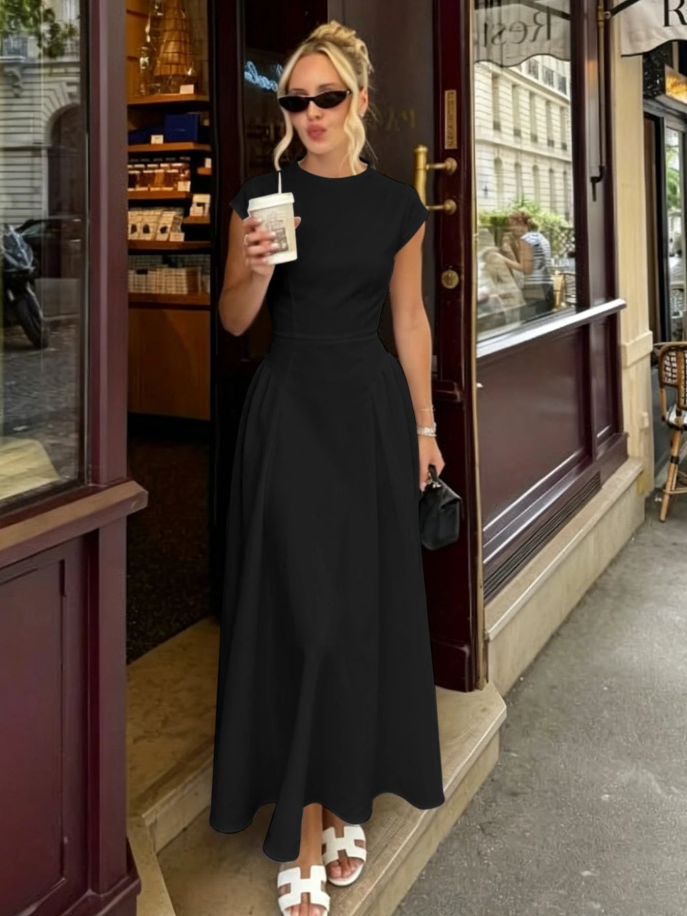 SOERA Ruby Flare Maxi Dress with Cap Sleeves - Dresses - Black XS