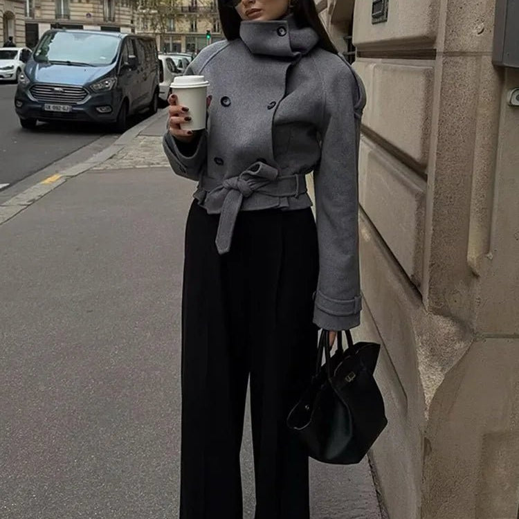 SOERA Debbie Stand Collar Short Trench Coat - Jackets - 1005010585967410-;bg1773321574175519045 Gray S