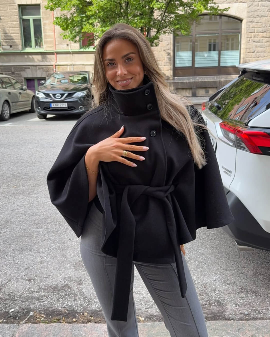 SOERA Gianna Elegant High - Neck Belted Cape Jacket - Jackets - KS1760544073334462085 Black XL