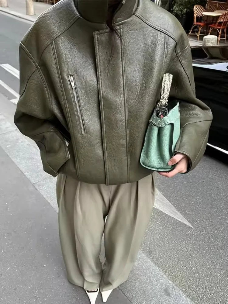 SOERA Gina Faux Leather Bomber Jacket - Jackets - kn1774532669739495476 Khaki S