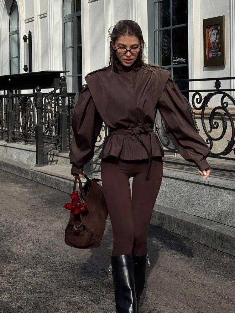 SOERA Leizel Lace Up Stand Collar Jacket - Jackets - iC1774532669740645644 Brown L