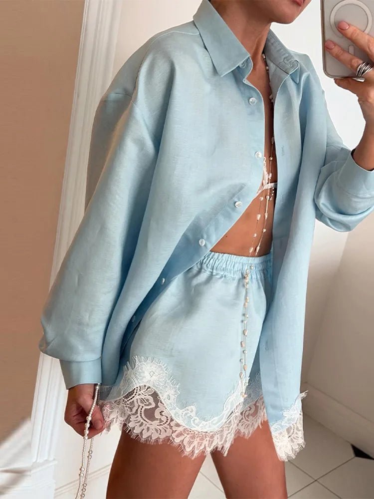 SOERA Celeste Lace Patchwork Beach Shirt Set - Matching Sets - Blue S