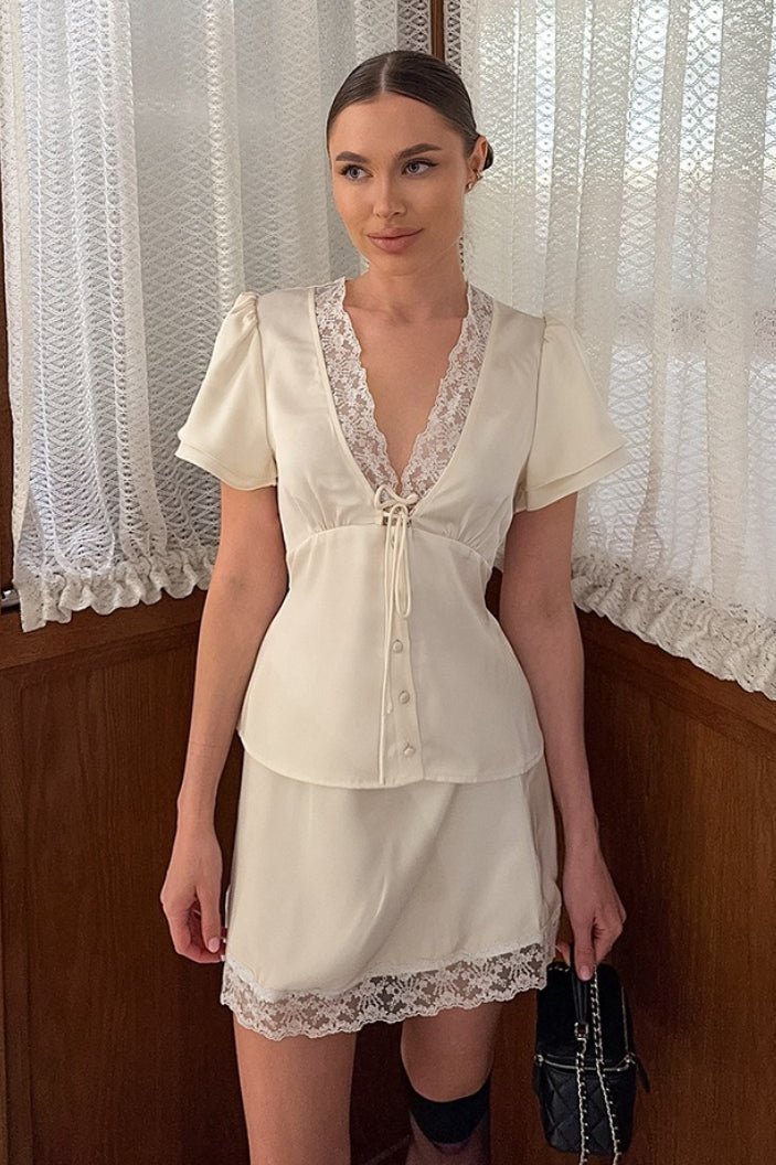 SOERA Celeste Satin Lace V - Neck Tie - Waist Skirt Set - Matching Sets - Beige L