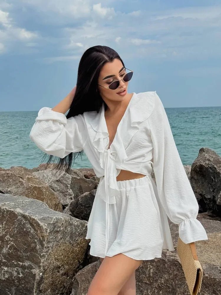 SOERA Cordelia V - Neck Ruffle Two - Piece Set - Matching Sets - White S