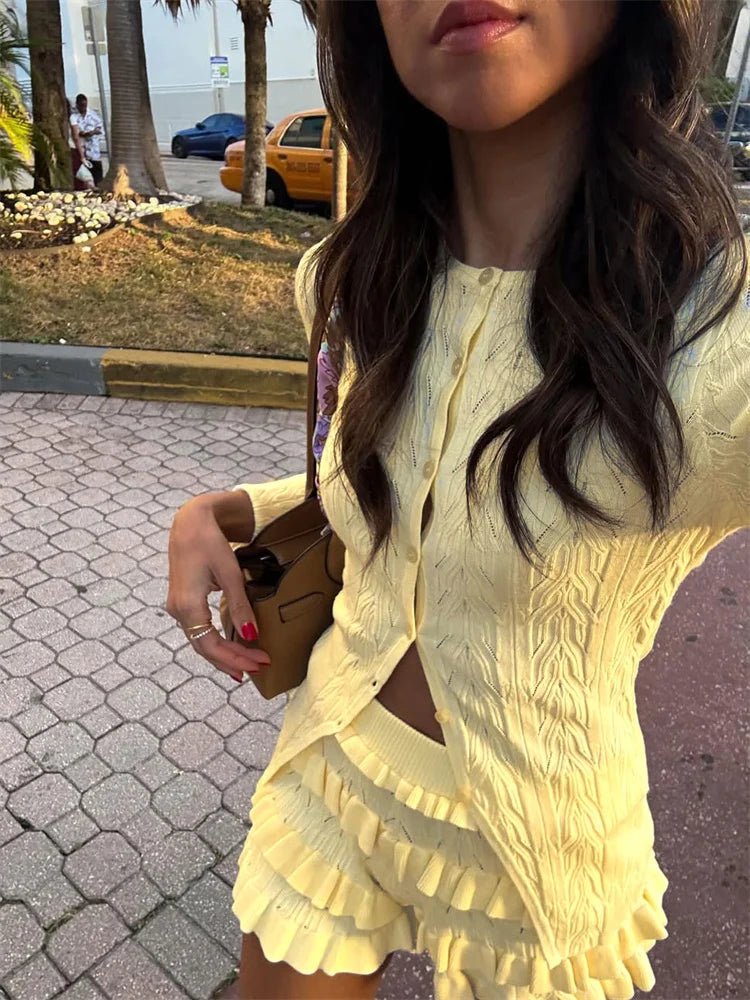 SOERA Iris Ruffled Knit Shorts Set - Matching Sets - Yellow M