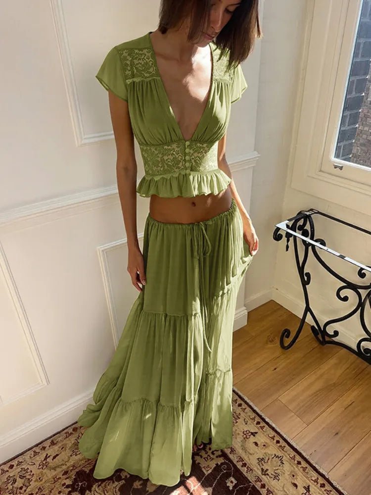 SOERA Morrigan Lace Chiffon Top & Skirt Set - Matching Sets - Green XS