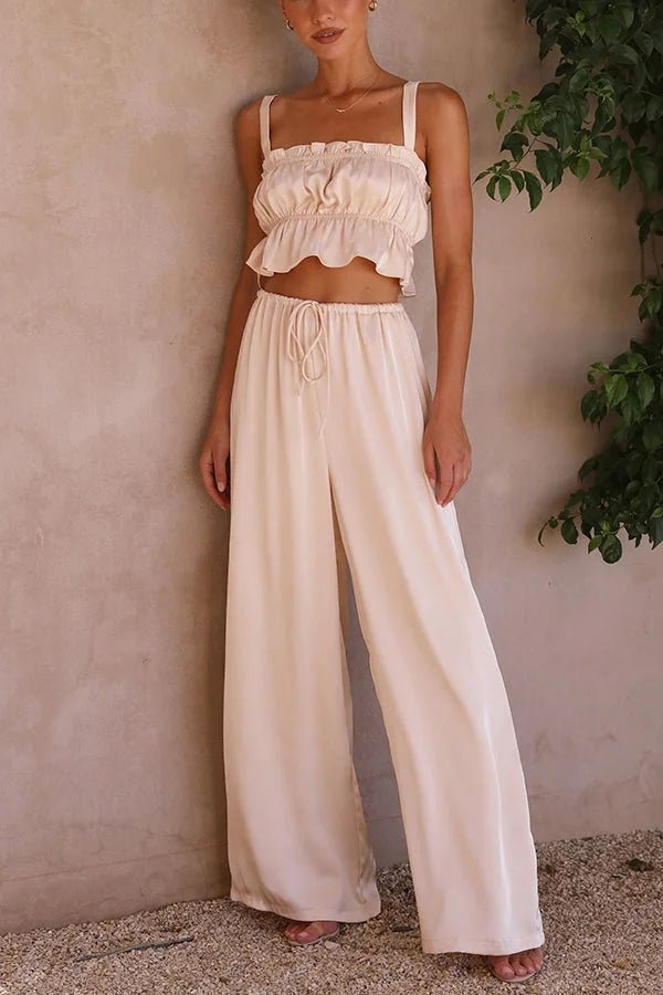 SOERA Julianne Ruffle Top Elastic Waist Pants Set - Set - ra1776125365231299244 Champagne S
