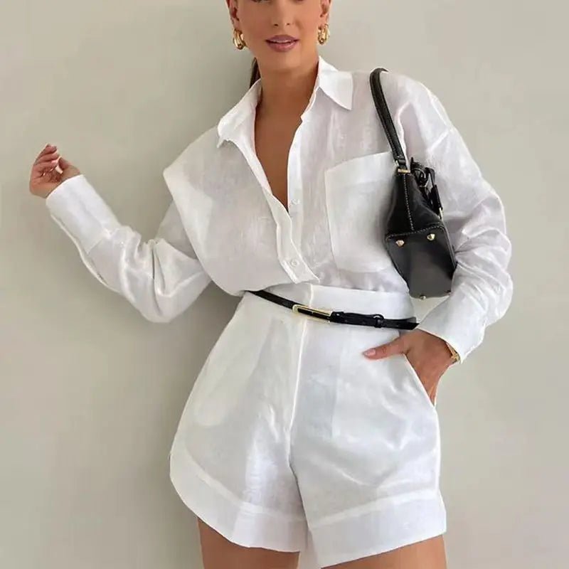 SOERA Solenn Long Sleeve High Waist Shorts Set - Set - 1005006975478785-;oc1776063209452169583 White S