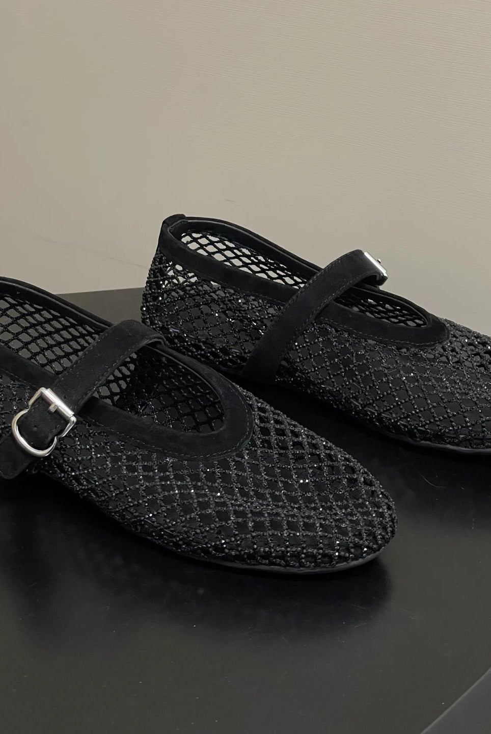 SOERA Jessica Rhinestone Mesh Ballet Flats - Shoes - Black 34