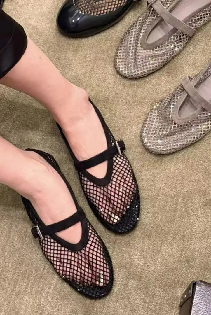 SOERA Jessica Rhinestone Mesh Ballet Flats - Shoes - Black 36