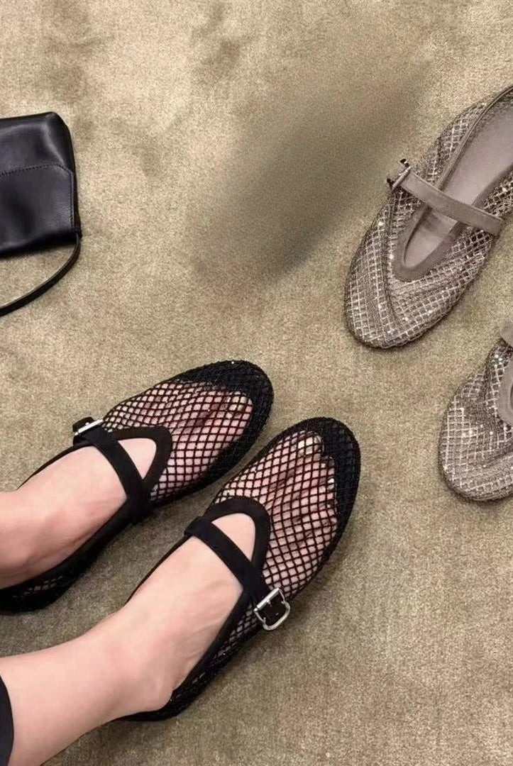 SOERA Jessica Rhinestone Mesh Ballet Flats - Shoes - Black 37