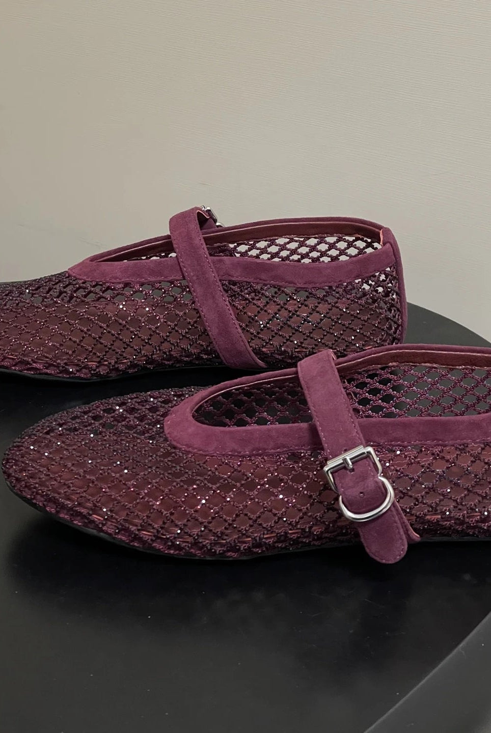 SOERA Jessica Rhinestone Mesh Ballet Flats - Shoes - Burgundy 34