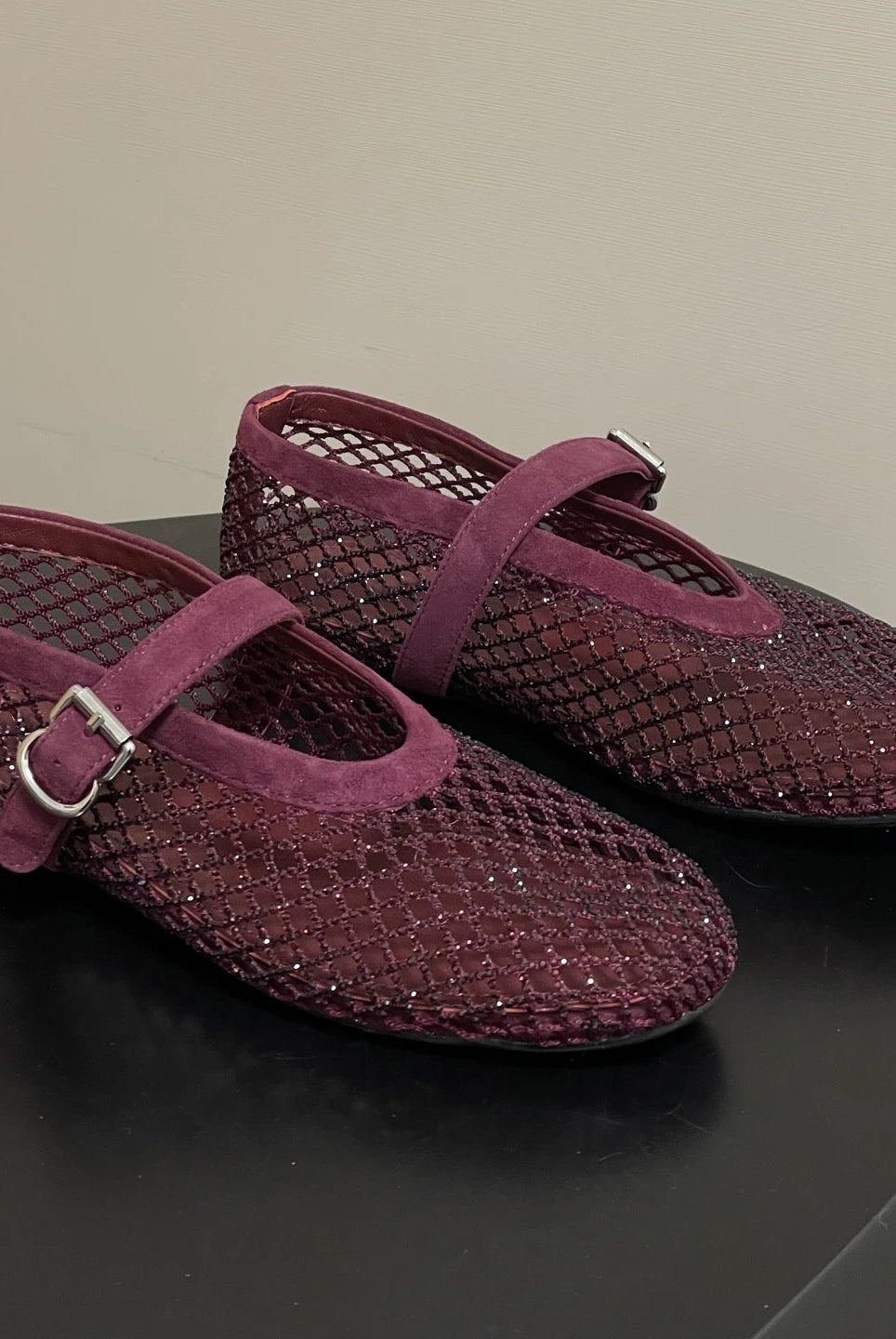 SOERA Jessica Rhinestone Mesh Ballet Flats - Shoes - Burgundy 34