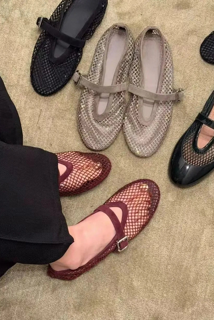 SOERA Jessica Rhinestone Mesh Ballet Flats - Shoes - Burgundy 35