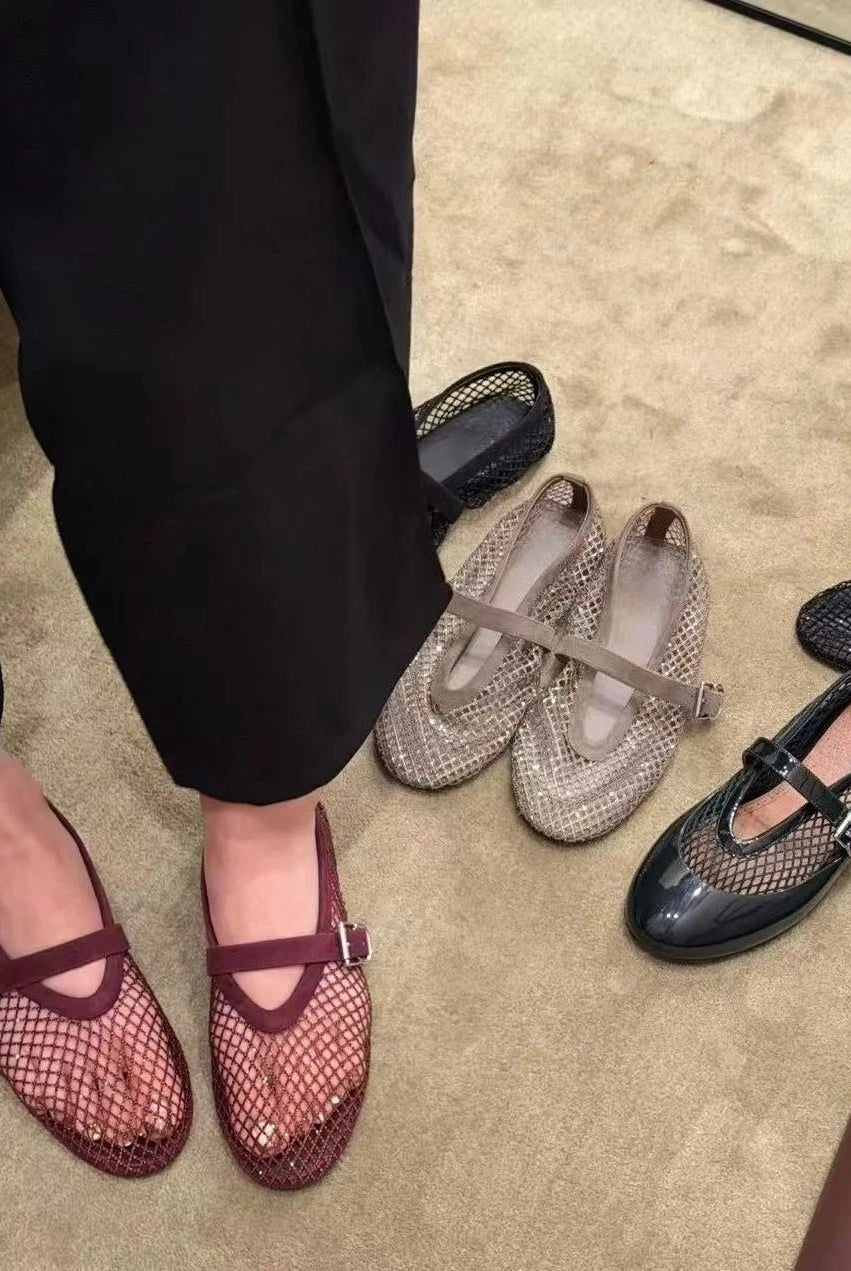 SOERA Jessica Rhinestone Mesh Ballet Flats - Shoes - Burgundy 36