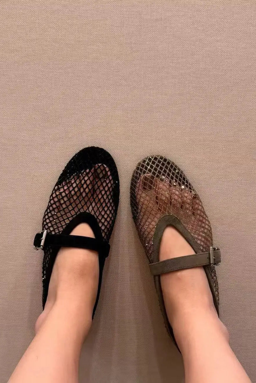 SOERA Jessica Rhinestone Mesh Ballet Flats - Shoes - Gray 38