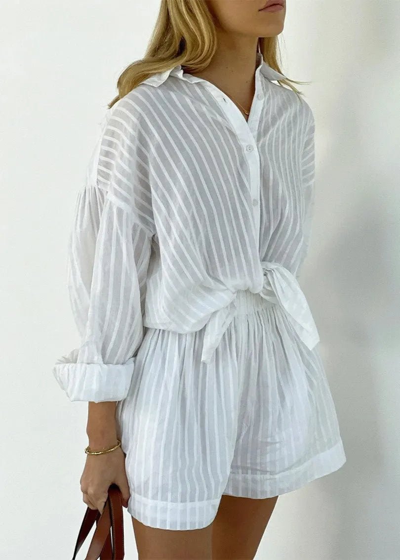 SOERA Bridget Striped Cotton Shirt and Shorts Set - Shorts - M