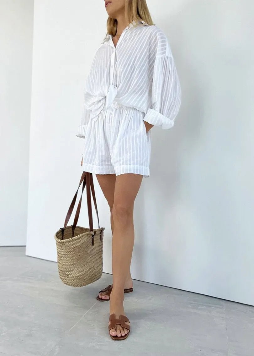 SOERA Bridget Striped Cotton Shirt and Shorts Set - Shorts - S