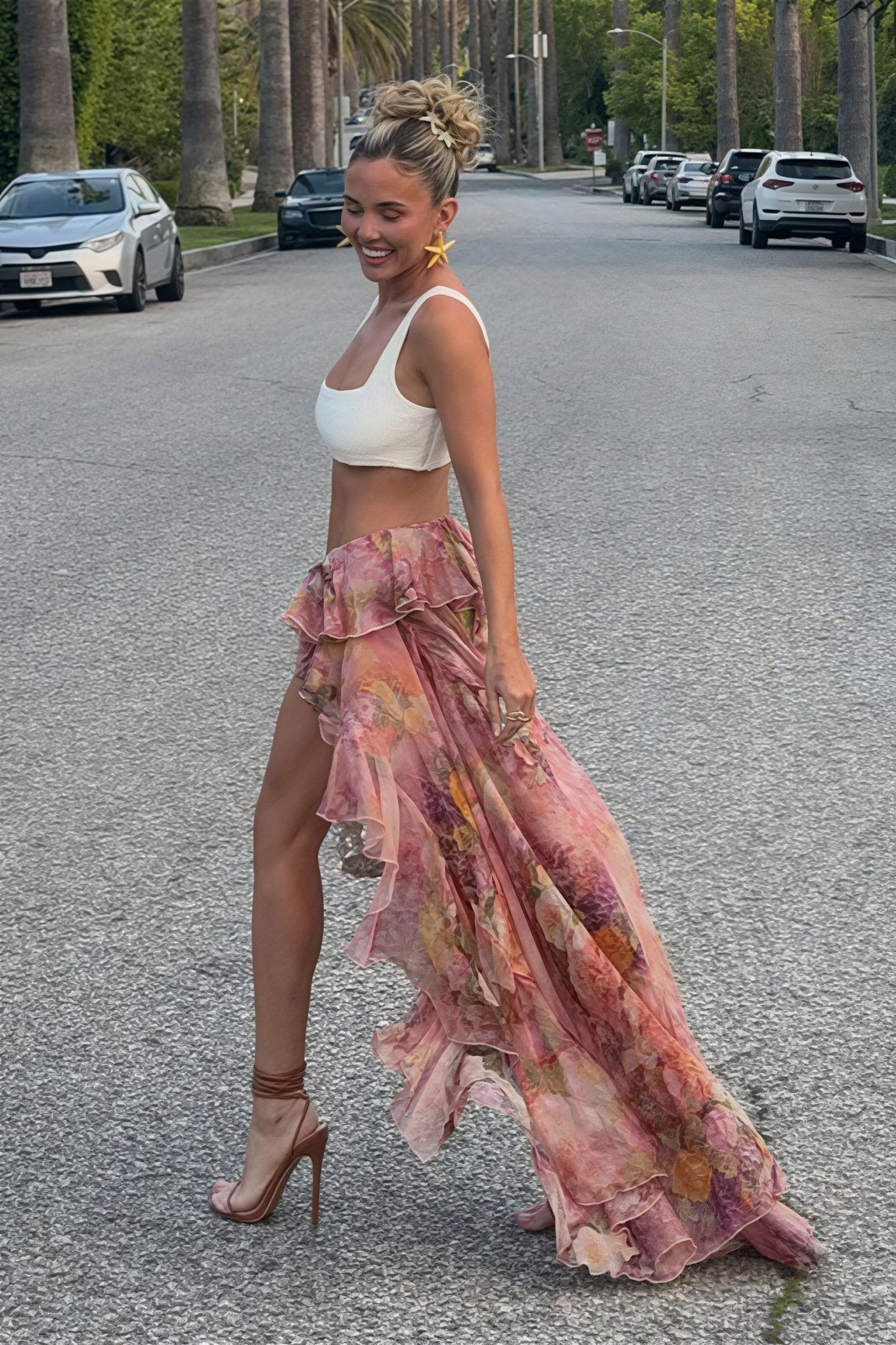 SOERA Bianca Floral Ruffled Asymmetrical Skirt - Skirt - Pink M