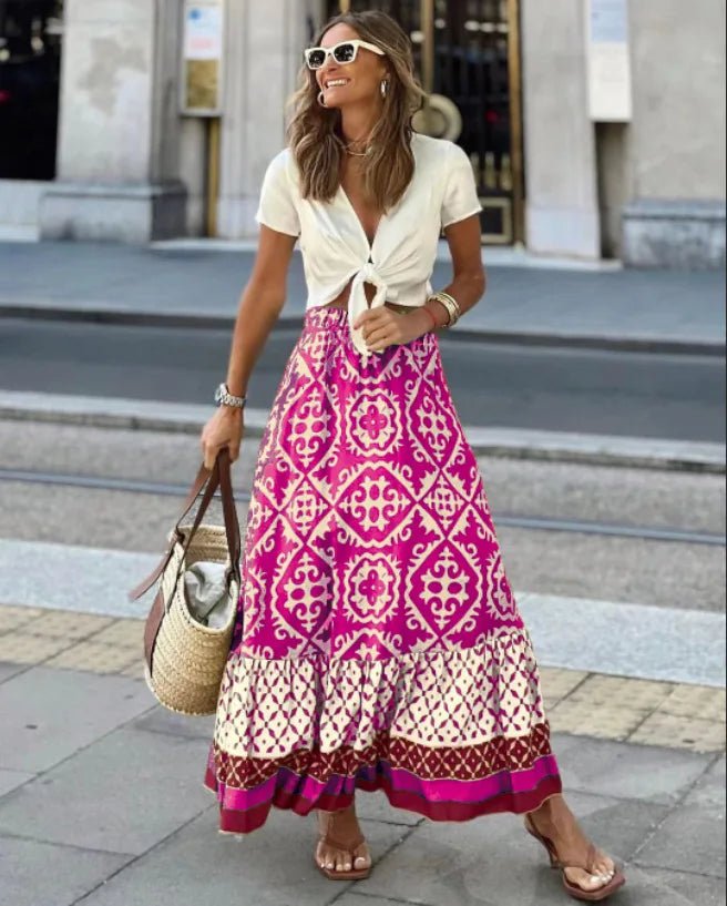 SOERA Zara Boho Printed Midi Swing Skirt - Skirt - Rose Red S