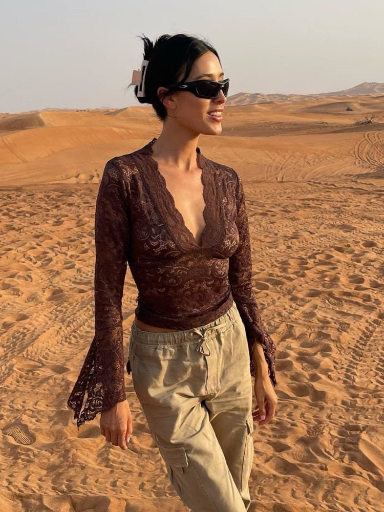 SOERA Lerna V-Neck Lace Top - Tops - Brown XS