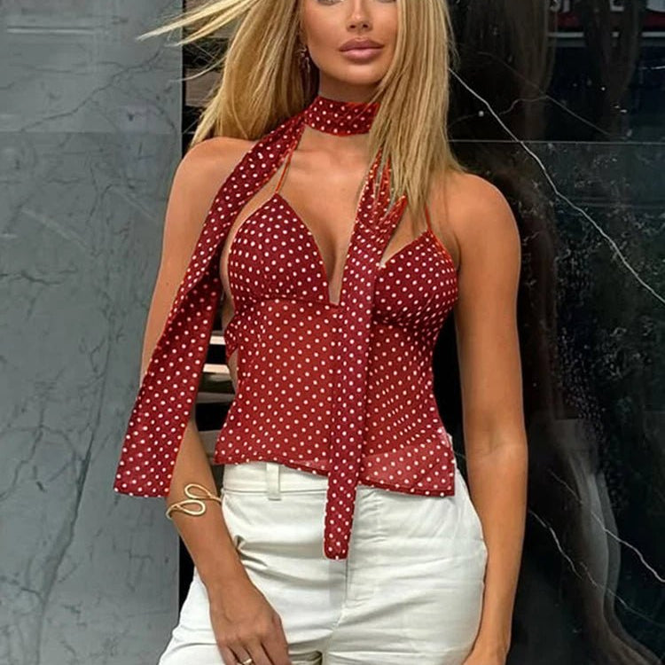 SOERA Ruffa Polka Dot Backless Cami Top - Tops - Red XS