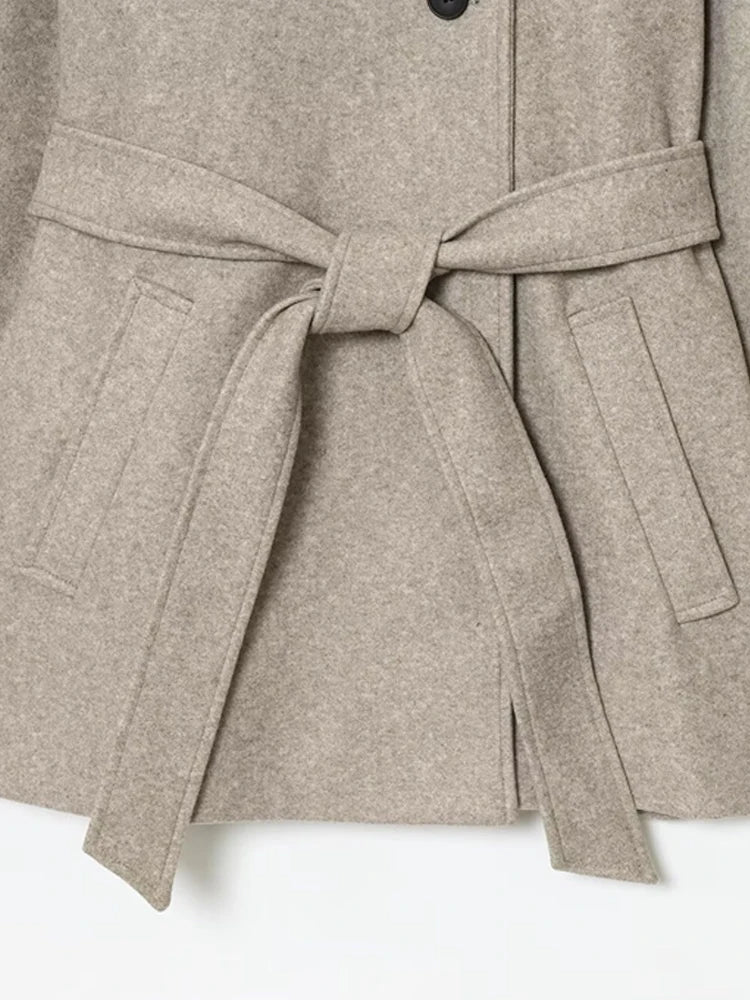 Chic Women's Wool Coat with Belt, Double-Position Collar & Front Pockets 4