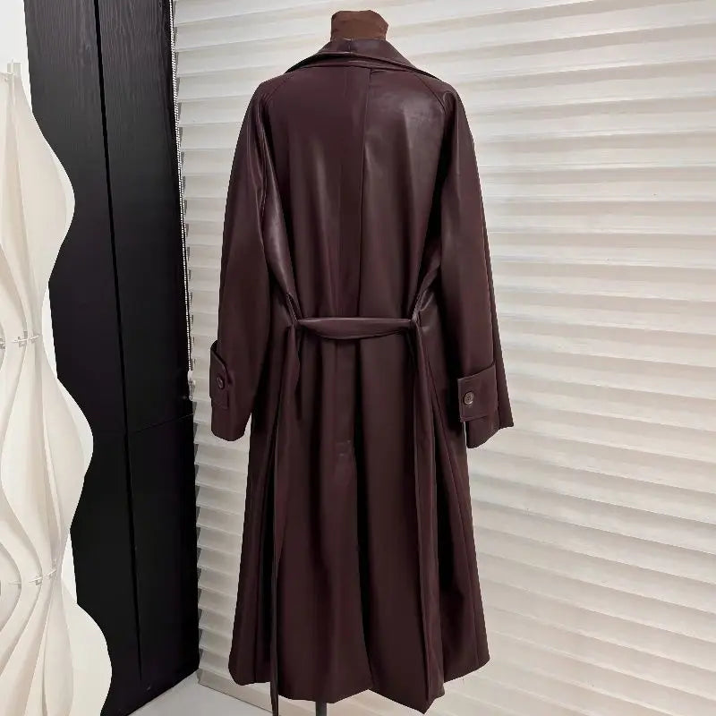 Elegant Long PU Leather Trench Coat for Women - Stylish Winter Outerwear 1