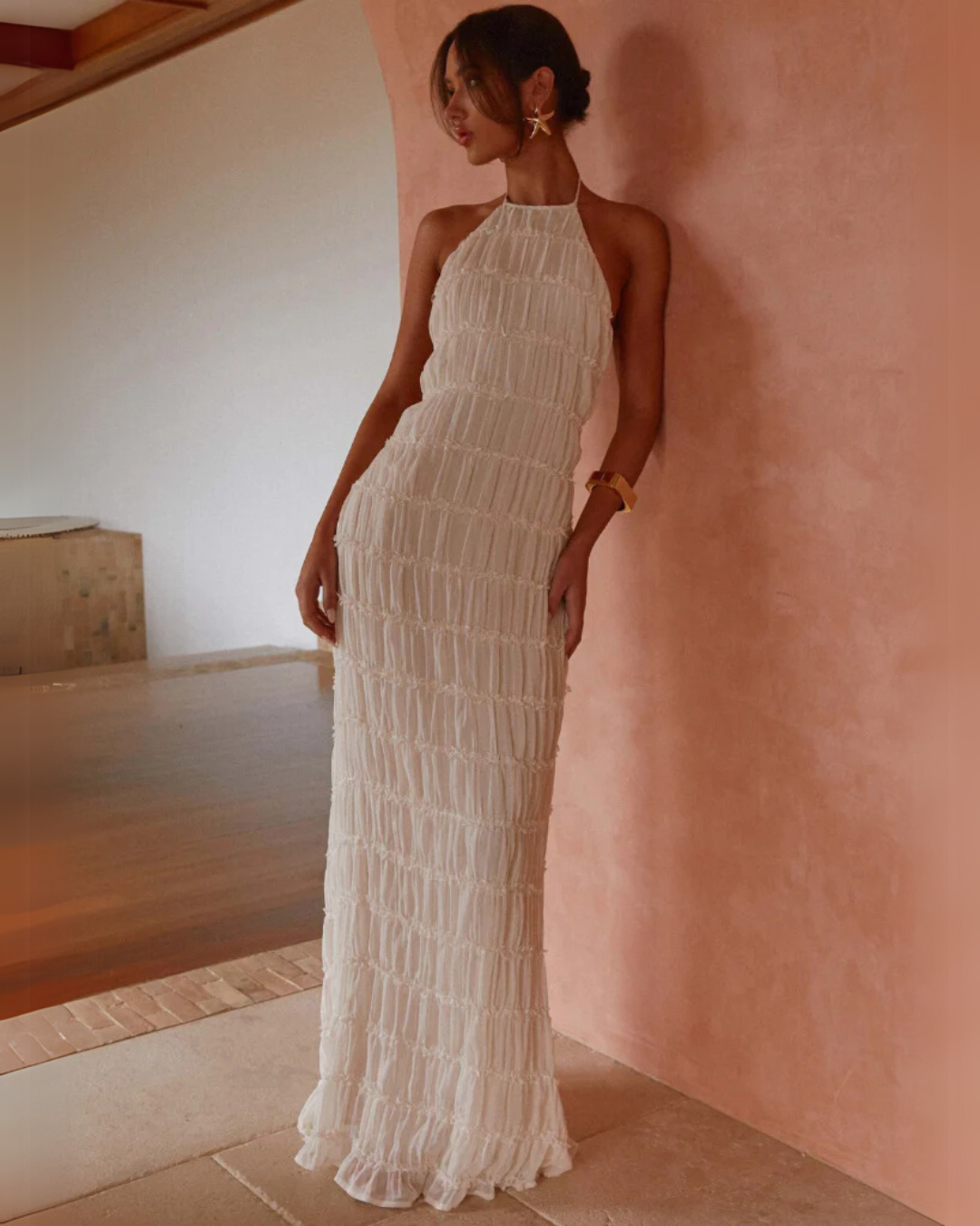 Leslie Backless Sculpted Texture Maxi Dress