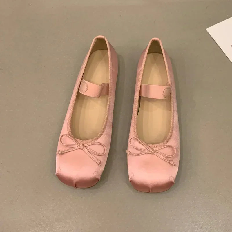 Luxury Satin Silk Ballerina Flats for Women - Classic Square Toe Bowtie Elastic Band Ballet Pumps 6