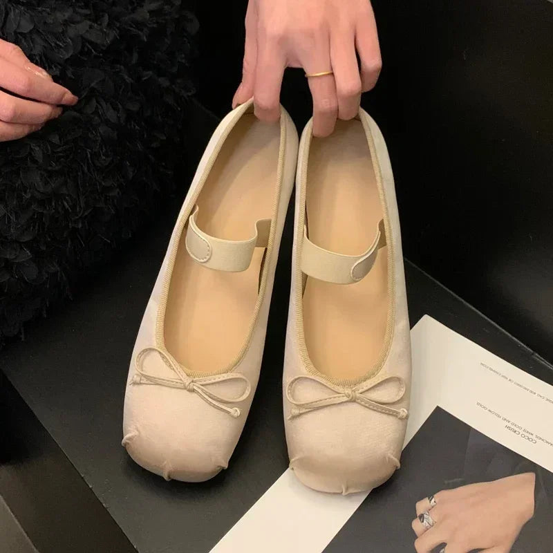 Luxury Satin Silk Ballerina Flats for Women - Classic Square Toe Bowtie Elastic Band Ballet Pumps 9
