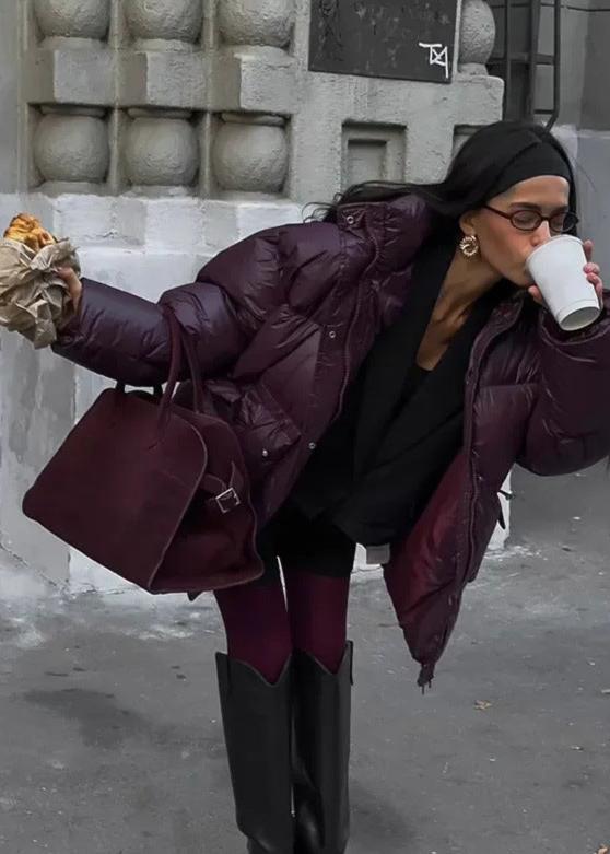 Oversized Glossy Puffer Jacket Women - Deep Plum Winter Outerwear Coat 2