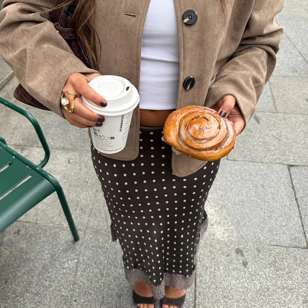 Retro Dots Print Casual Lace Midi Skirt for Women - Slim High Waist Elegant Patchwork Skirts 3