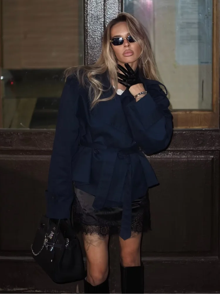 Solid Casual Short Trench Coat Women Belt Waist Cinching Lapel Button Long Sleeve Jacket 2026 New Lady High Street Outerwear 7