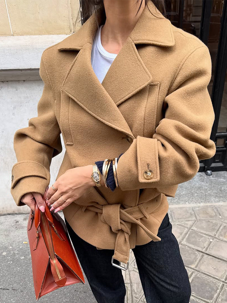 Solid Minimalist Tie Waist Winter Coat for Women - Thickened Regular Fit with Lapel Collar 0