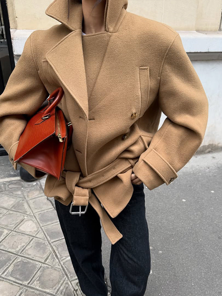 Solid Minimalist Tie Waist Winter Coat for Women - Thickened Regular Fit with Lapel Collar 1